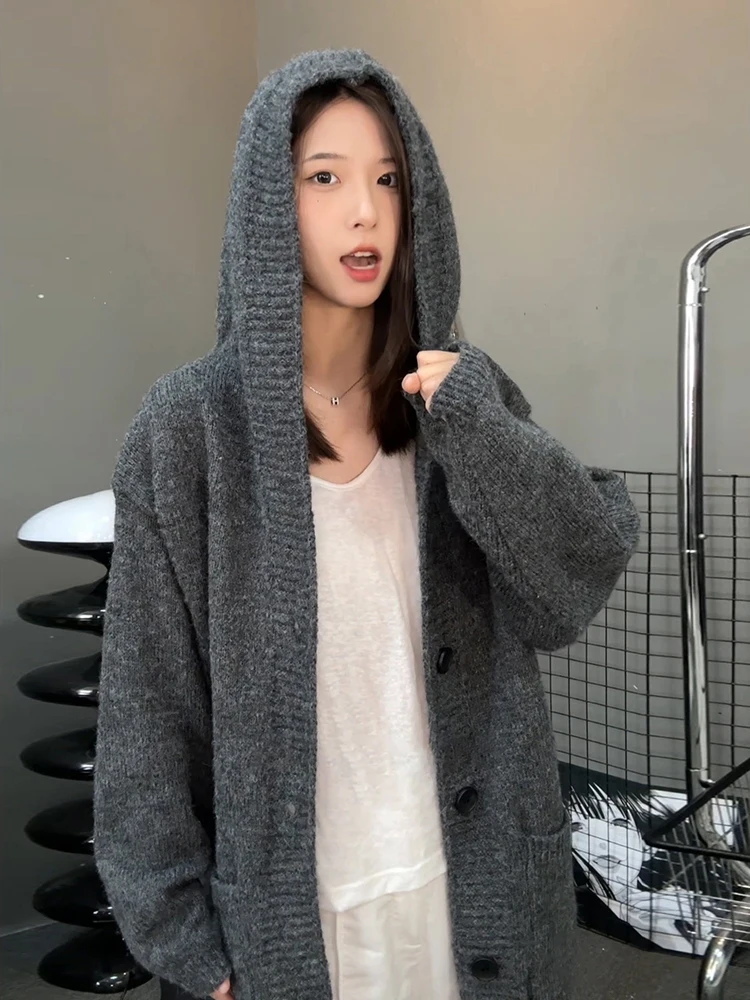 

Deep ey Hooded Knitwear Lazy High-End American Retro Men's Autumn Winter Oversize Open Cardigan Outerwear Casual Loose Fit