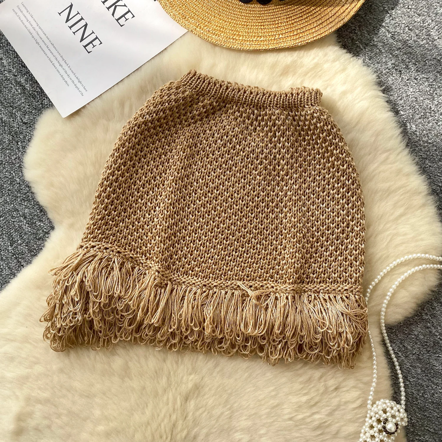 

Women Chic Knit tassel basics Sexy Skirt Elastic High Waist Korean Fashion autumn Skirt Slim Clothing