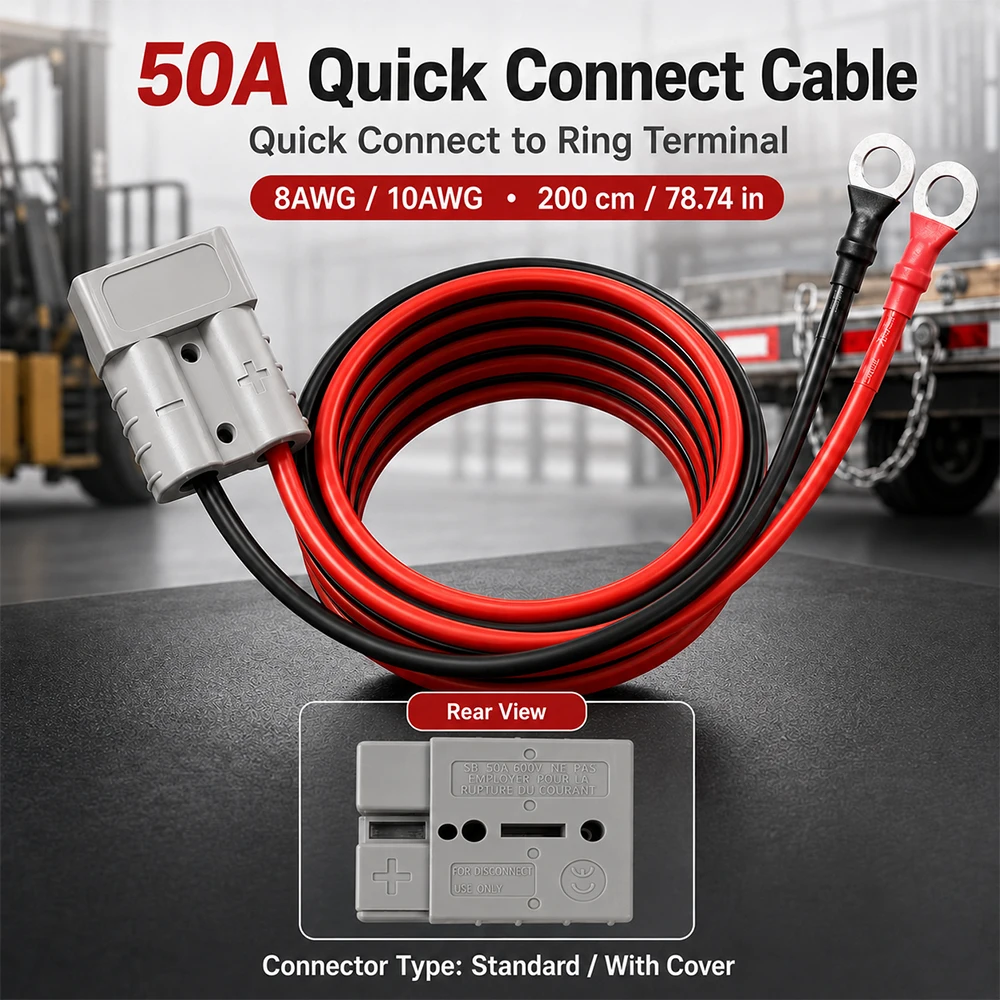 2m 8/10AWG 50A Batterie-Schnellkupplungsstecker mit Kabelbaum und Ringkabelschuh für Gabelstapler, Abschleppwinde, Lagerung – Detail 1