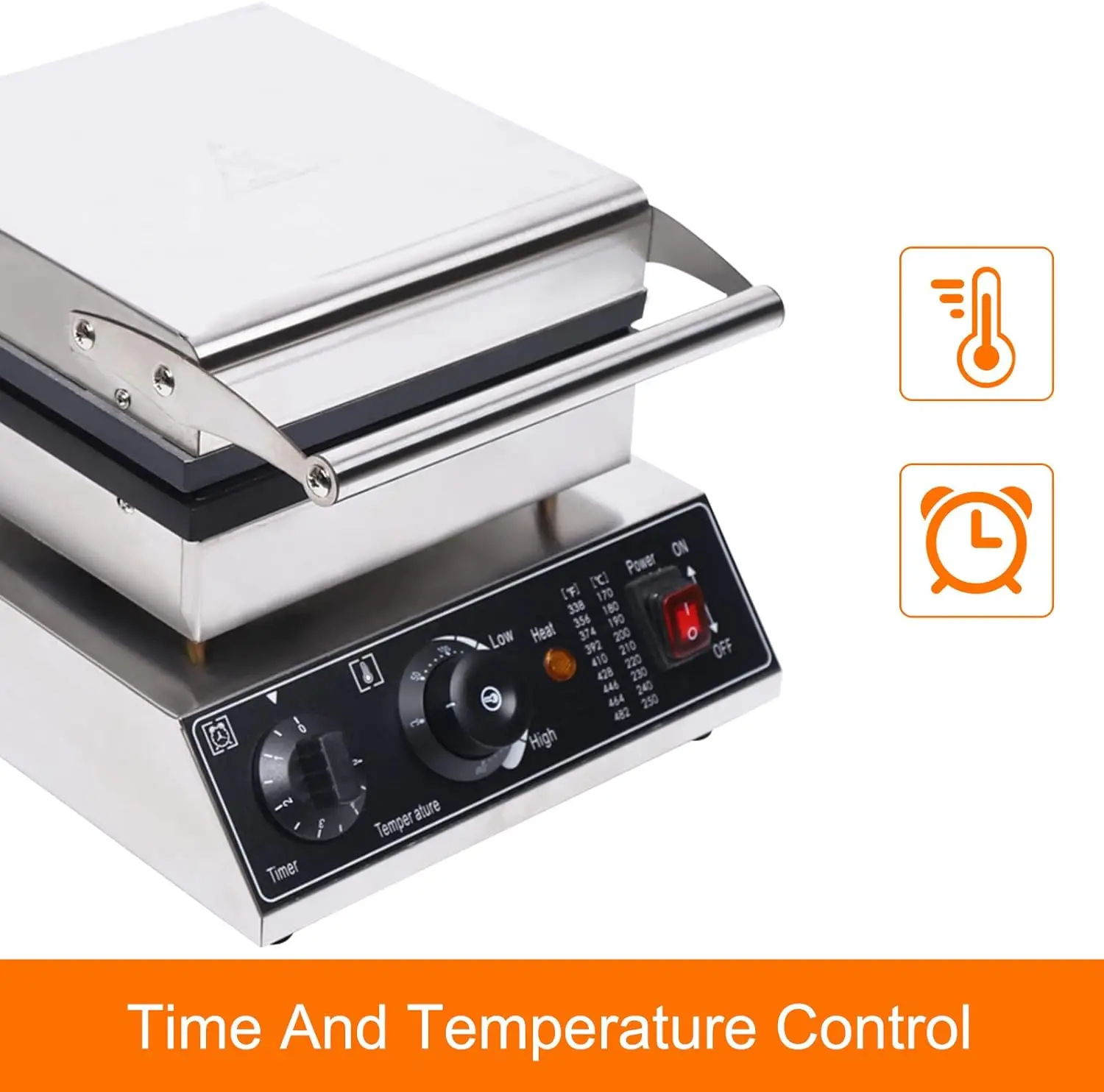 Máquina para hacer gofres comercial, máquina para hacer gofres eléctrica antiadherente de 4 piezas, acero inoxidable, 110V, Control de temperatura y tiempo, gofres belgas