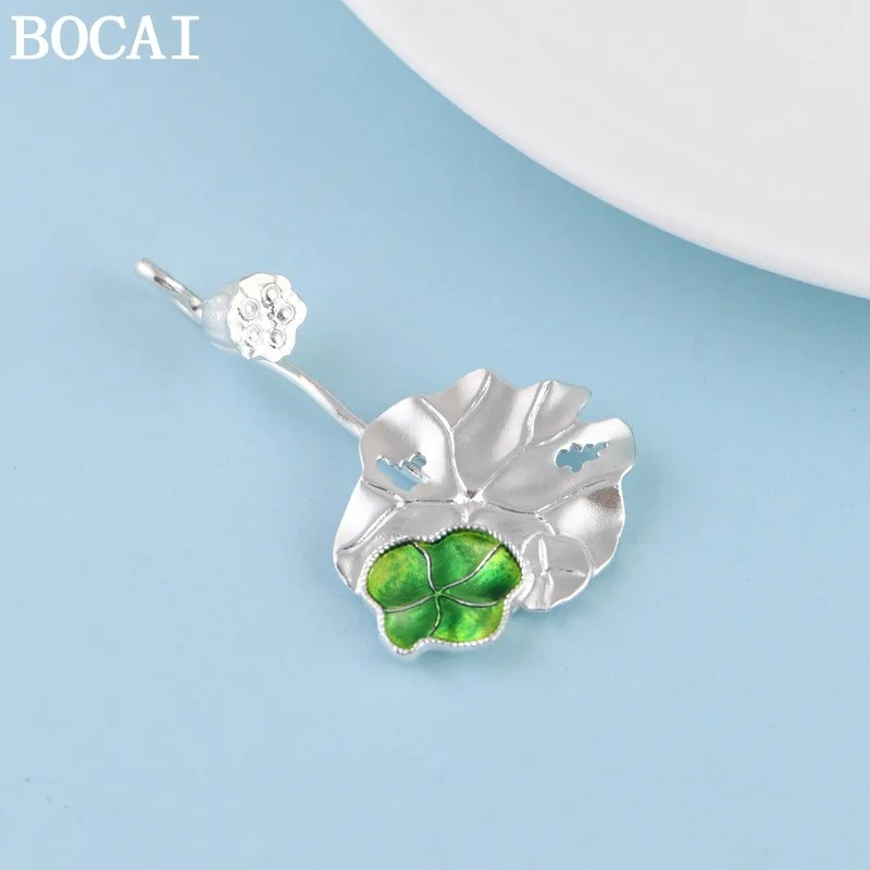 

BOCAI S999 Sterling Silver Jewelry Niche Light Luxury Cloisonn é Lotus Leaf Pendant Ladies' Selected Gift
