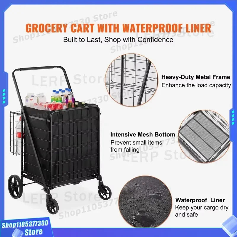 Large Capacity Folding Shopping Cart 210lb Load Double Basket Grocery Trolley with Removable Waterproof Liner Heavy Duty
