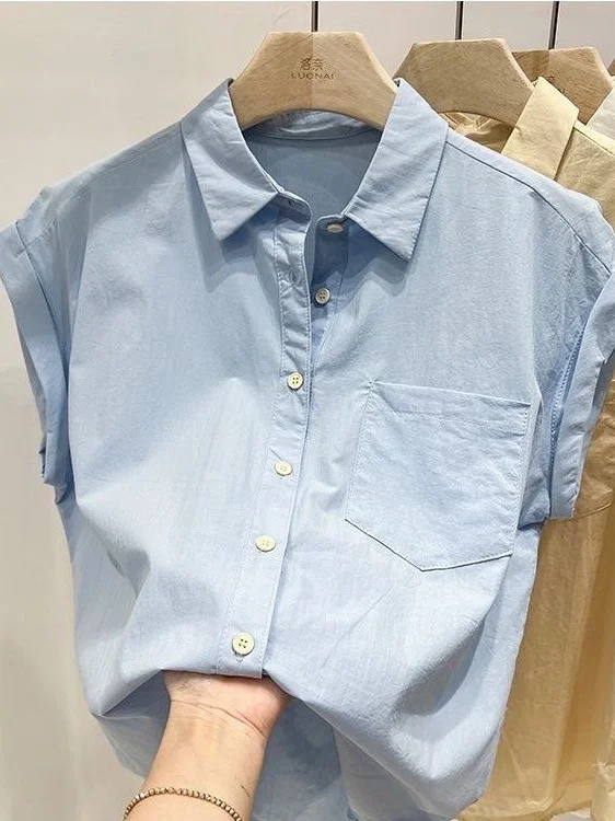 

Pink Short Sleeve Women's Shirt Summer New Loose Thin Style No Sleeve Collar Upperwear Commute Style Mid-Length