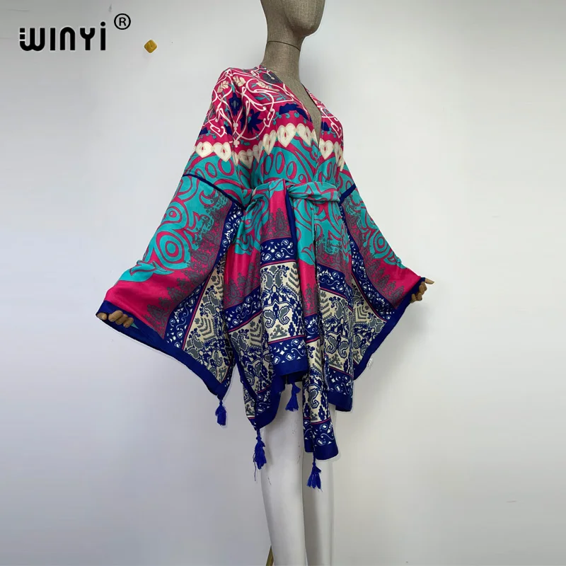 WINYI 2022 ameryka lato kobiety Cardigan stitch szata koktajl sexy Boho Maxi afryki wakacje rękaw w kształcie skrzydła nietoperza jedwabny szlafrok