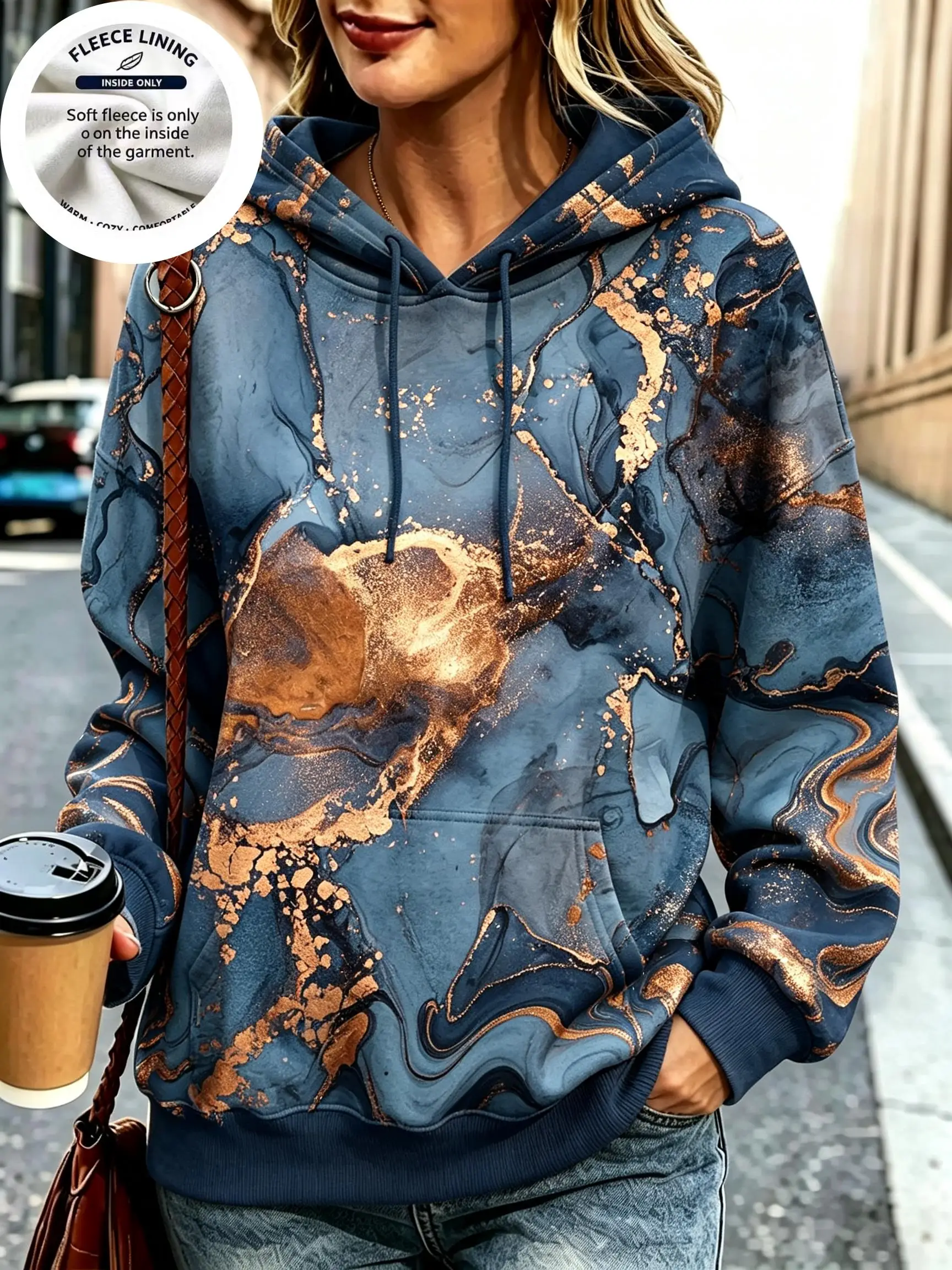Women Fleece Hoodie, Marble Fluid Art Gold Foil Print Pullover, Luxury Abstract Swirl Sweatshirt