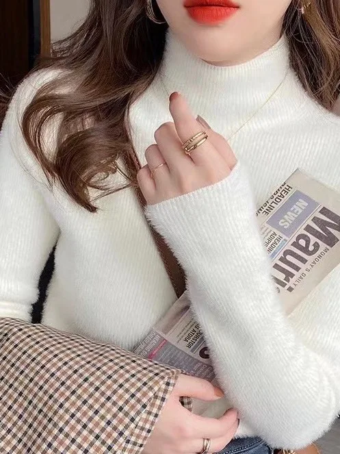 

Thiened мягкий норковый свитер, женский зимний розовый цельный однотонный бархатный свитер с высоким воротником, новинка 2025 года, вязаный топ Sle для поездок на работу