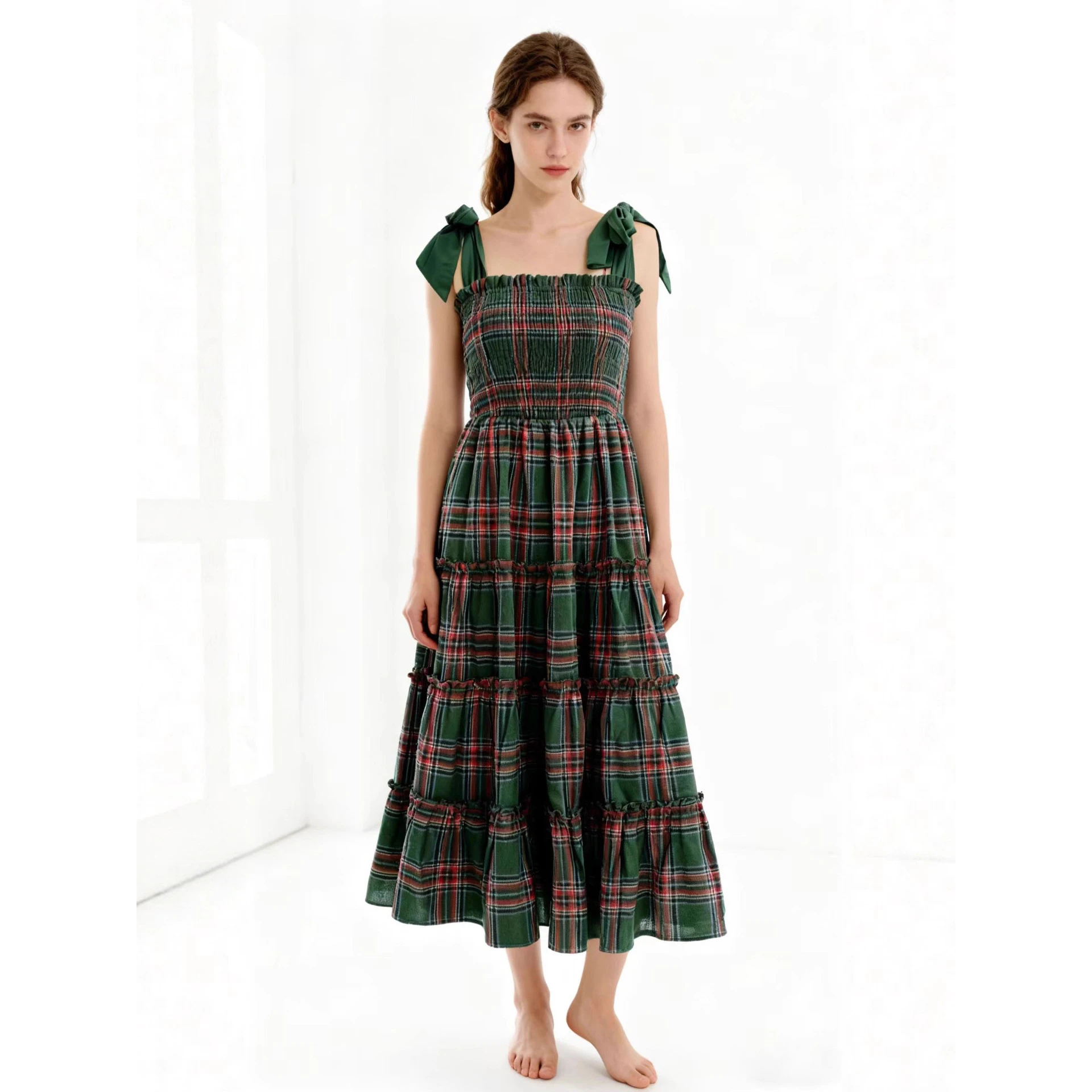Linen Dress Wrap - เดรสลายสก็อตคริสต์มาสแบบมีเข็มขัดสำหรับผู้หญิง แฟชั่นผ้าฝ้ายลินินลายตาราง