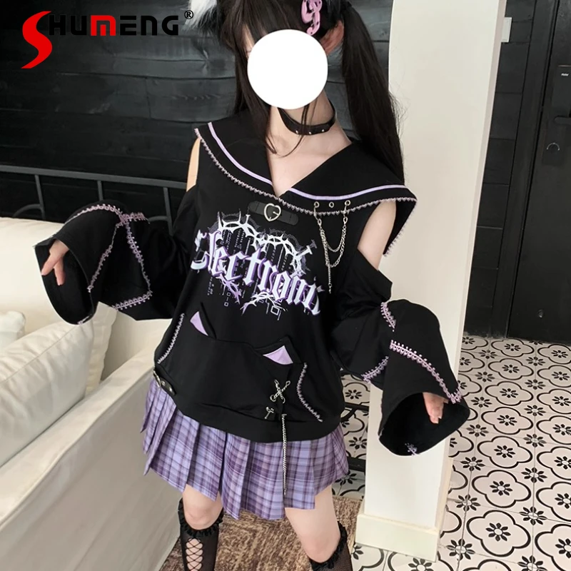 Autumn 2025 Heavy Industry Chain Sweatshirt Jacket Japanese Original Design Subculture Navy Collar Off-Shoulder Loose To Hoodies