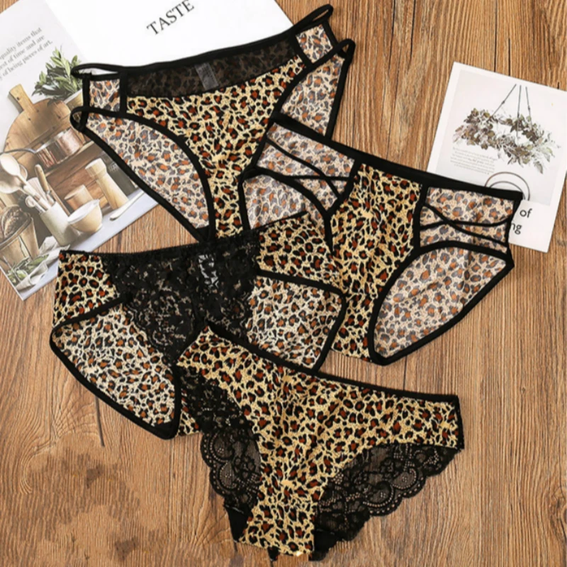 Leopard Print Combination Ice Silk Sexy Lace Women\'s Panties Low Waist One Piece Panties Female Lingerie Triangle Cotton Crotch