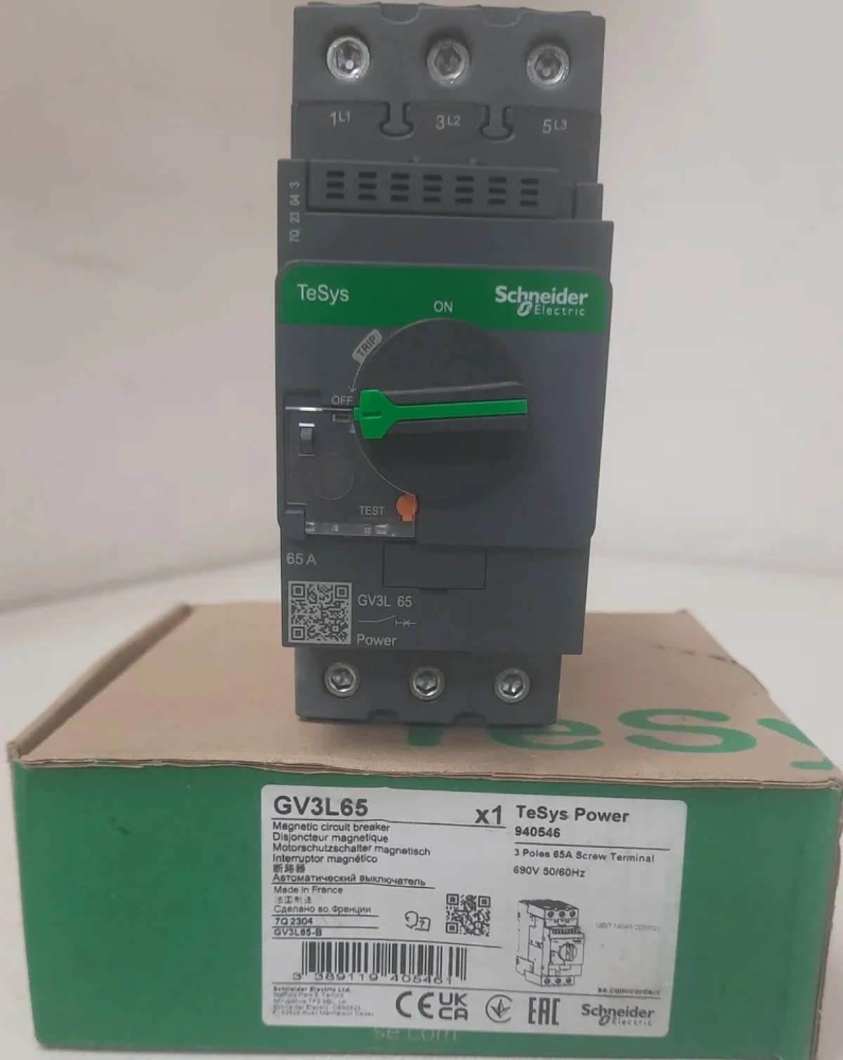 Circuit breaker, GV3, 3P, 65 A, magnetic, rotary handle, EverLink terminals GV3L65 GV3-L65