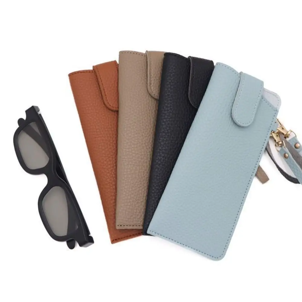 New PU Leather Sunglasses Storage Bag Solid Color Durable Sunglasses Korean Style Pouch with Lanyard Portable Hanging Glasses