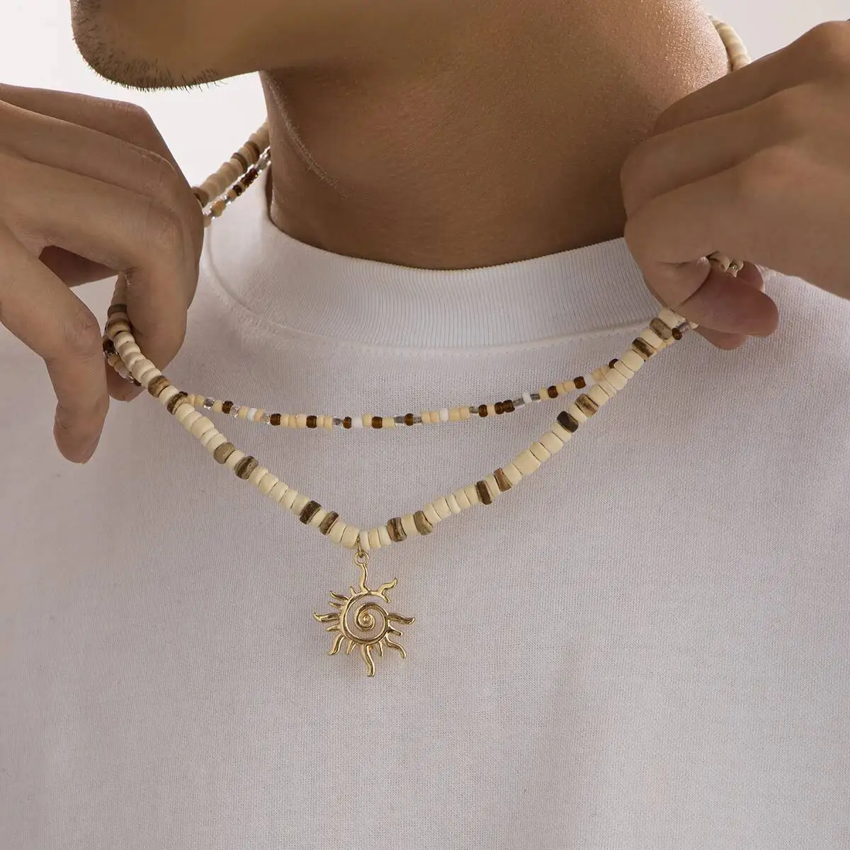 Lacteo خمر العرقية الشمس رمز قلادة قلادة للرجال الاتجاه الإبداعية قشر جوز الهند الخرز الخشبي المختنق قلادة المجوهرات اليومية #3
