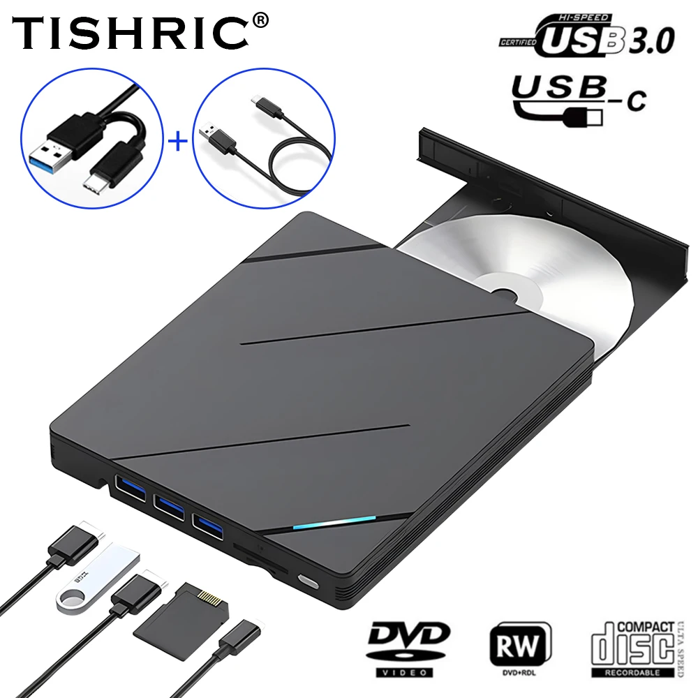 TISHRIC USB3.0 SD Type-C Multifunctional External Optical Drive CD-RW Burner Player DVD CD Slim Port Twill External Drive Burner