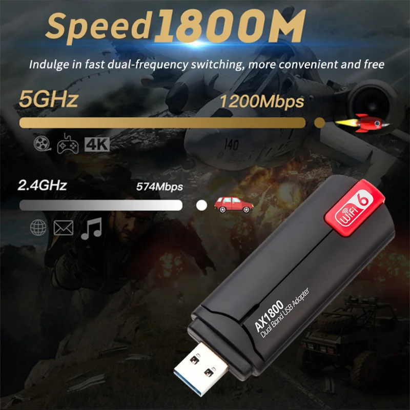 USB Wifi 6 Adaptor 1800Mbps Antena Wi Fi Dongle 802.11ax Dual Band 2.4G 5Ghz Wi-Fi 6 Kartu Jaringan untuk Window10/11