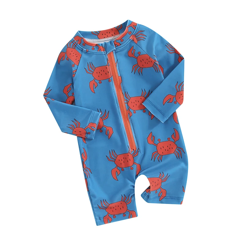 Baby Toddler Boy  Swimsuit Fish Crab Print Long Sleeve Zipper Sunsuit Bathing Suit UPF 50 Sun Protection Rash Guard