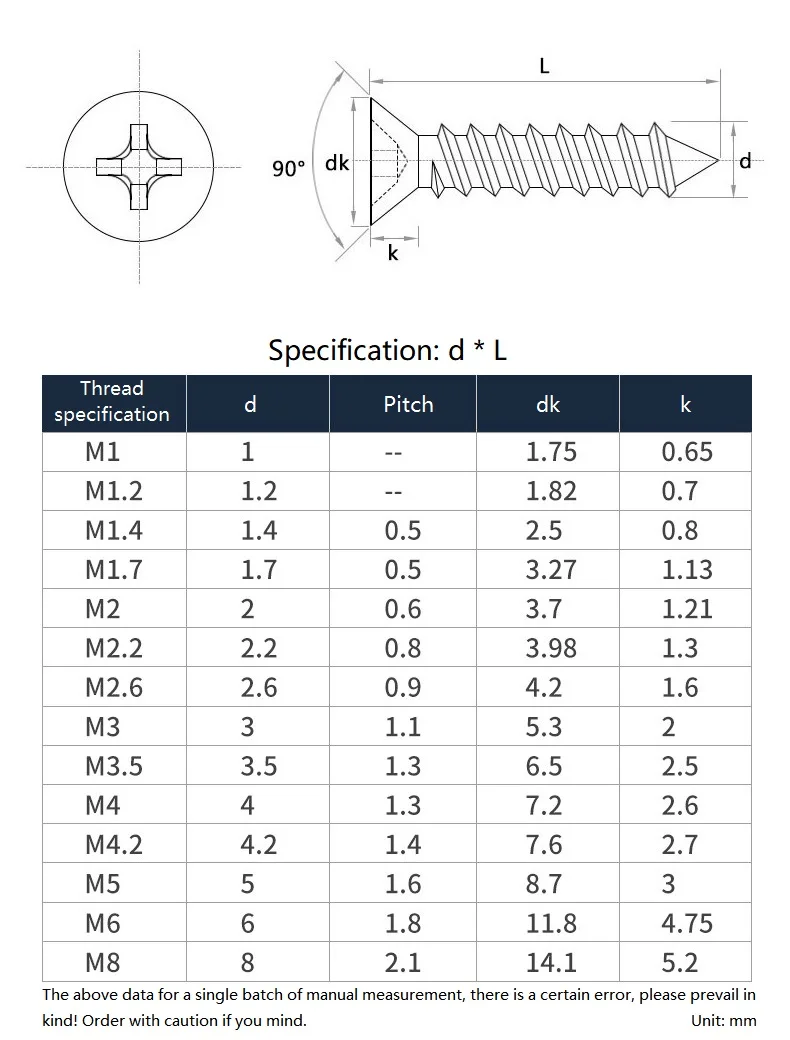 M1 M1.2 M1.4 M1.7 M2 M2.2 M2.6 M3 M3.5 304 A2 Stainless Steel Cross Phillips Flat Countersunk Head Self Tapping Wood Screw