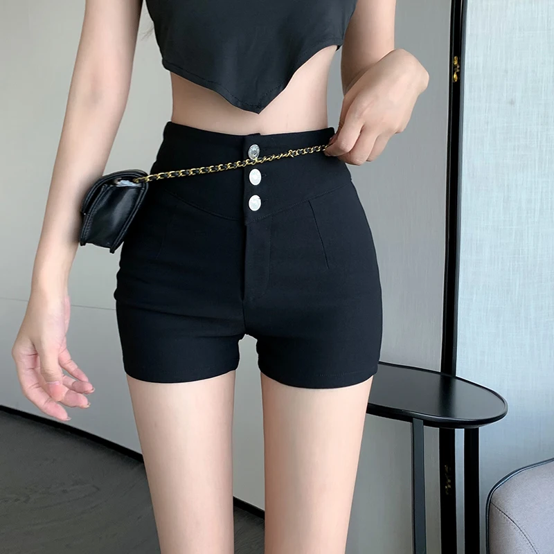 Black Slim Fit High Waist Three Button Women's Summer Casual Shorts Versatile Stylish Slimming Trendy Capri Pants