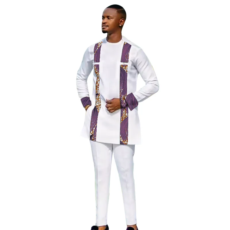 African Print Men\'s Long Shirts+Trousers Designer Customize Pant Sets Nigeria Fashion Male White Suits Plus Size Party Clothes