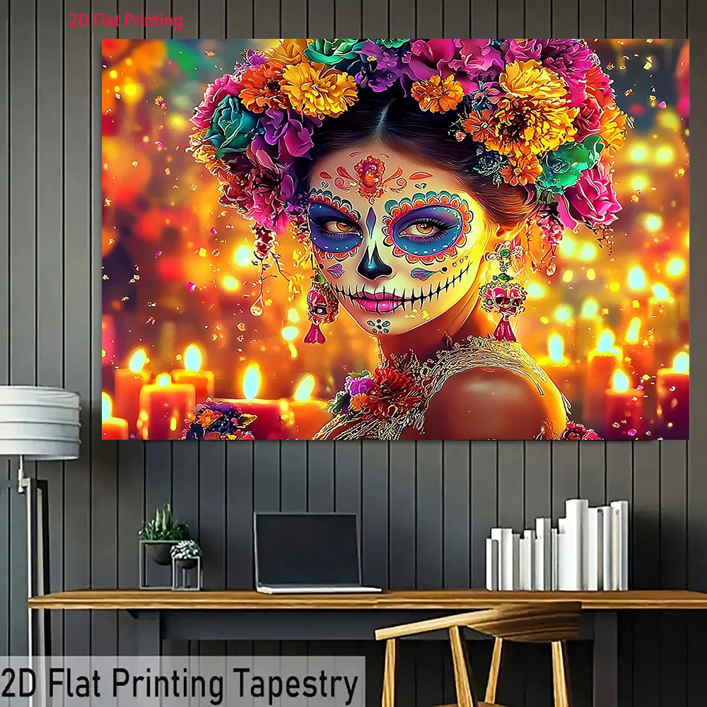 Day of the Dead Sugar Skull Woman Flower Crown 2D Flat Tapestry Backdrop For Halloween Decor Mexican Culture Wall Hanging Art