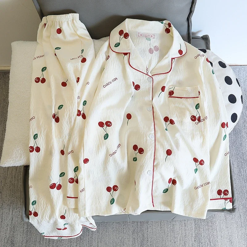 Women\'s Pajamas Autumn Spring Long Sleeve Soft Sleepwear Set Cherry Floral Cartoon Pyjama Woman Home Nightwear Set Cardigan ﻿