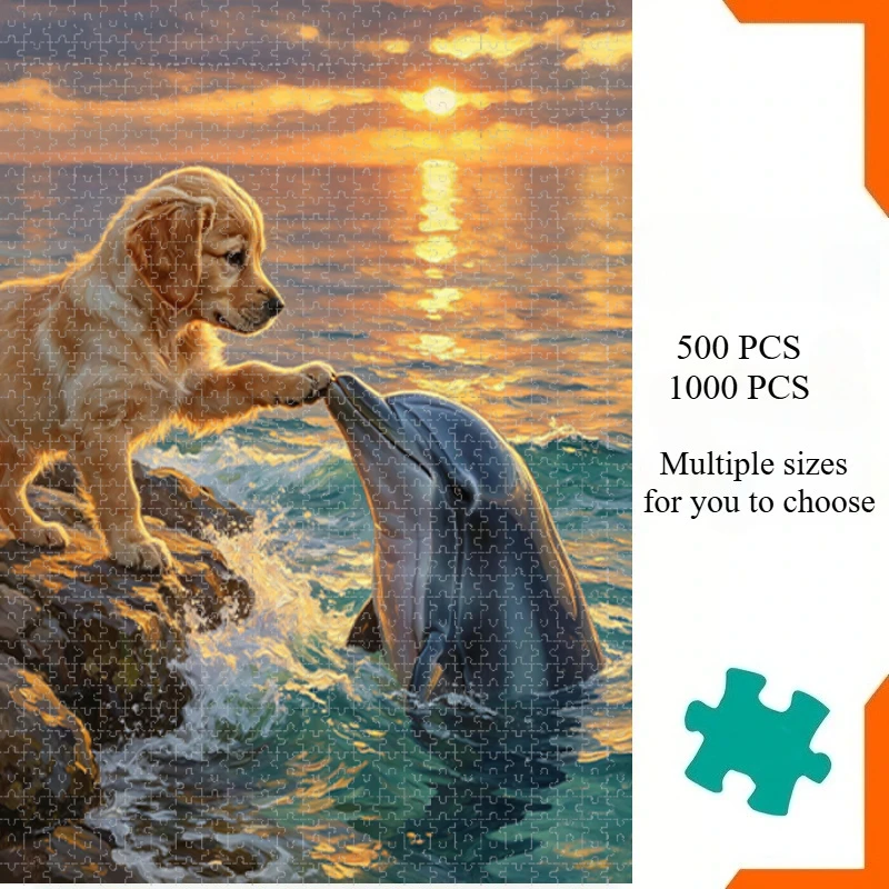 500/1000/1200/2000 PCS Jigsaw Puzzles Golden Puppy and Dolphin Pattern Activity Games for Gameroom Bedroom Home Decor