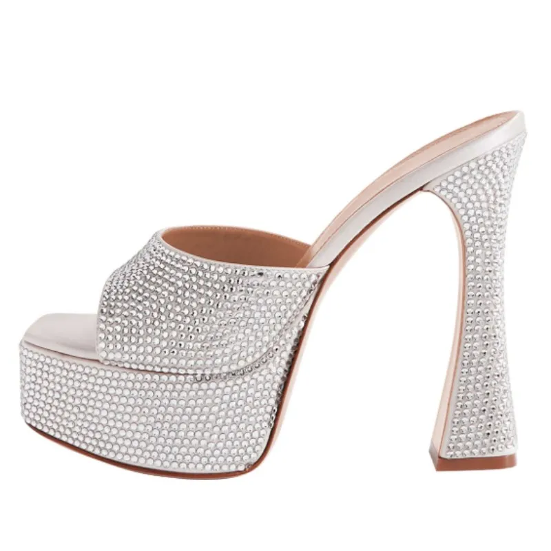 DIZHUANG Sexy women's high-heeled slippers. White suede crystal  slippers. About 15cm heel height. Strange style heels. 34-46