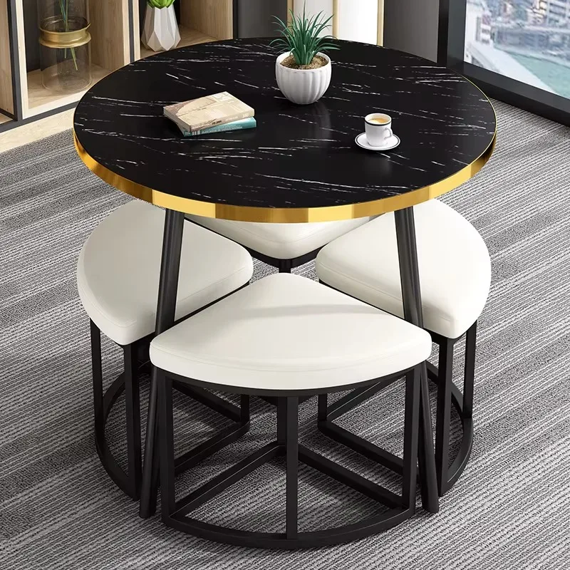 Customized Compact Complete Gold Edge MDF 1 Table 4 Chairs Without Backrest Dining Room Sets For Restaurant Cafes Hotel Ba