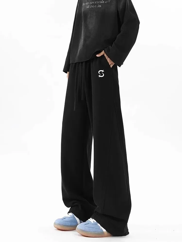 Pantalones deportivos con patrones creativos americanos para hombre, ropa de calle informal negra holgada, ropa de calle para hombre, ropa de calle