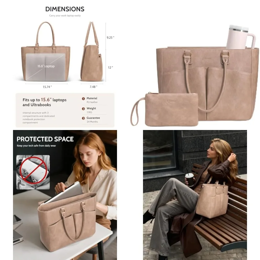 

Laptop Tote Bag for Women, Leather Work Tote with Padded Laptop Compartment, Cup Holder, Office Computer Briefcase