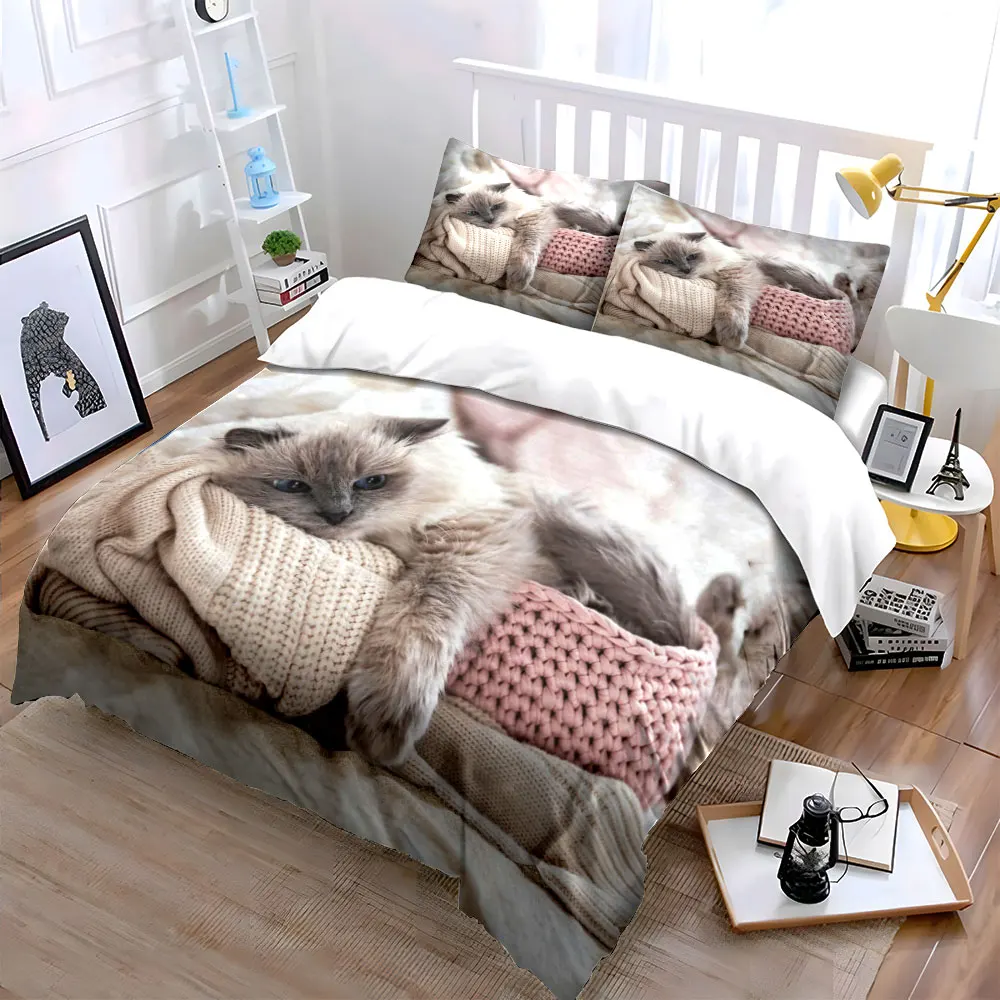 Cute Ragdoll Cat Bedding Set 3PC Soft Style Bed Linen for Cat Lovers(Includes 1 Duvet Cover And 2 Pillowcase),Great Family Gift