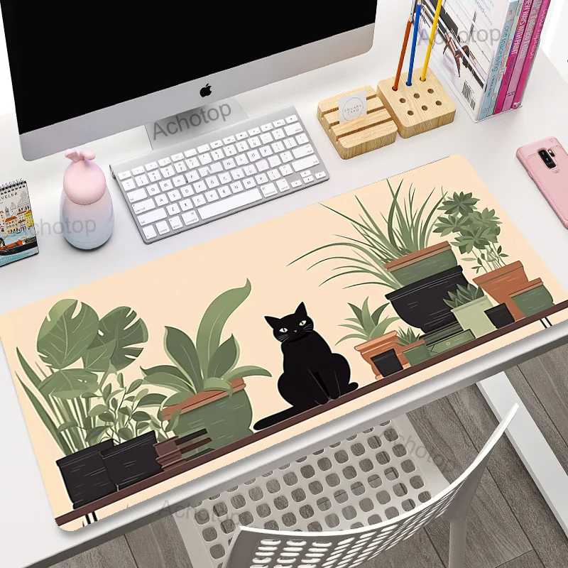 

Green Plant Large Mousepad Kawaii Cat Desk Pad XXL Extra Big Anime Computer Desk Mat Cute Office Mouse Pad Women Desk Decoration