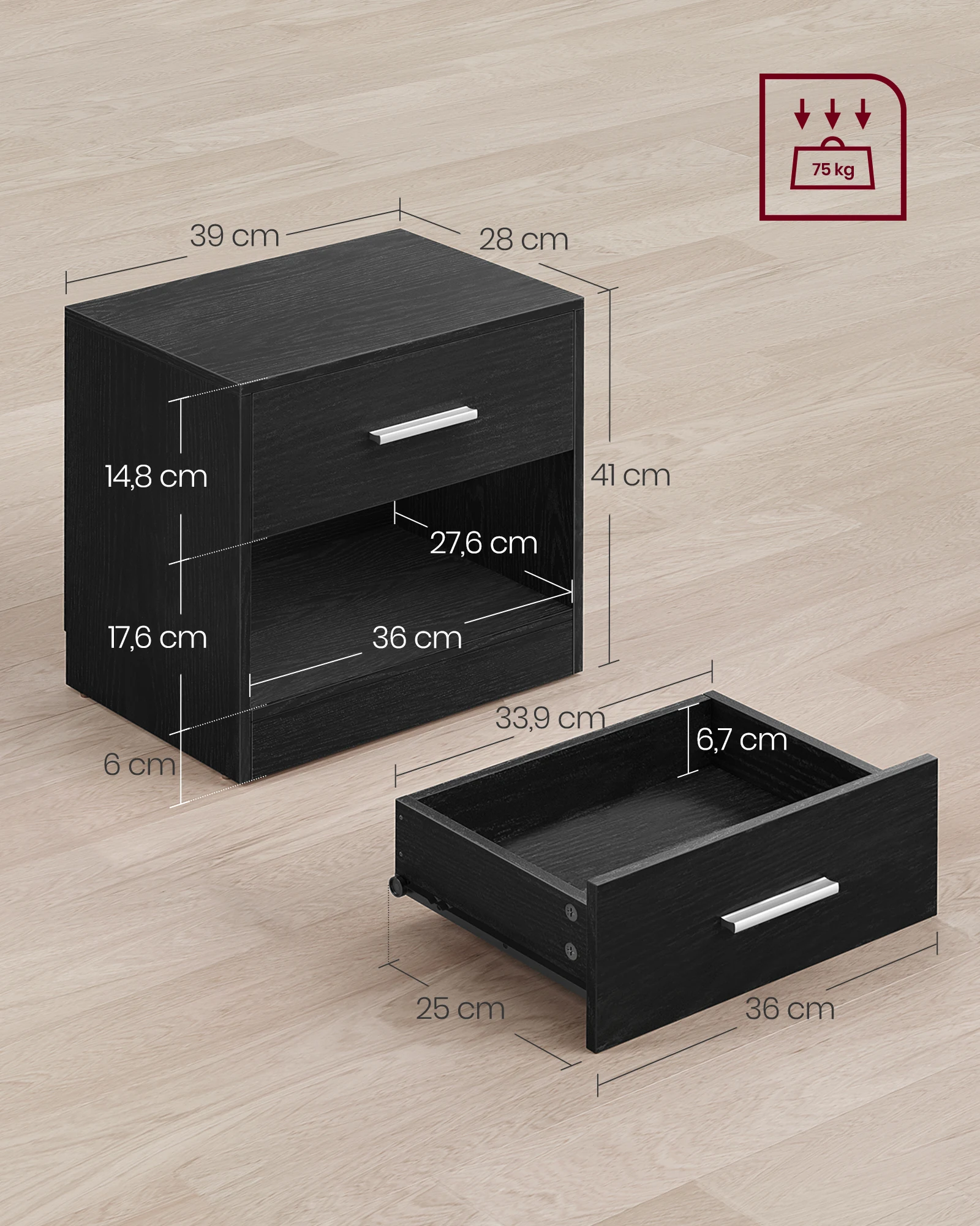 VASAGLE مجموعة طاولة السرير 2 طاولة جانبية مقبض درج مقصورة مفتوحة طاولة القهوة غرفة نوم غرفة المعيشة