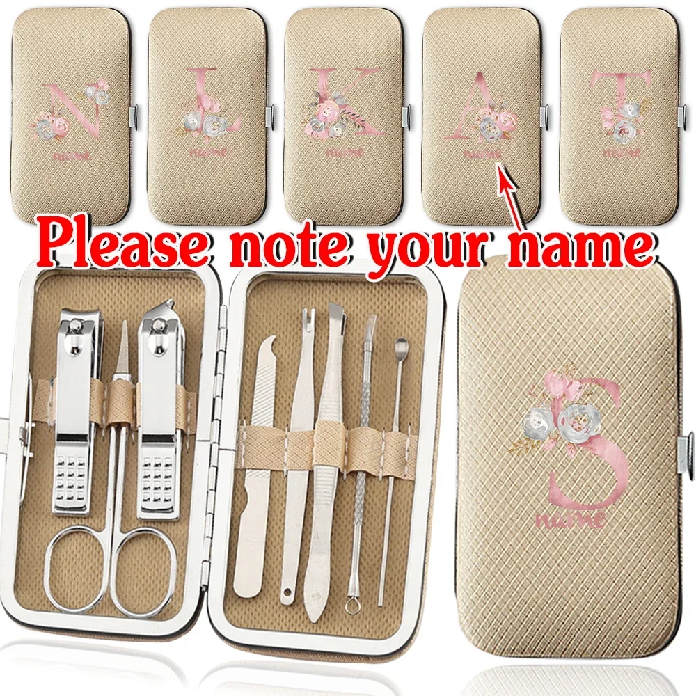 

Customized Name 8Pcs Manicure Tools Pedicure Kit Stainless Steel Nail Clippers Set Portable Nail Cutter Organizer Grooming Box