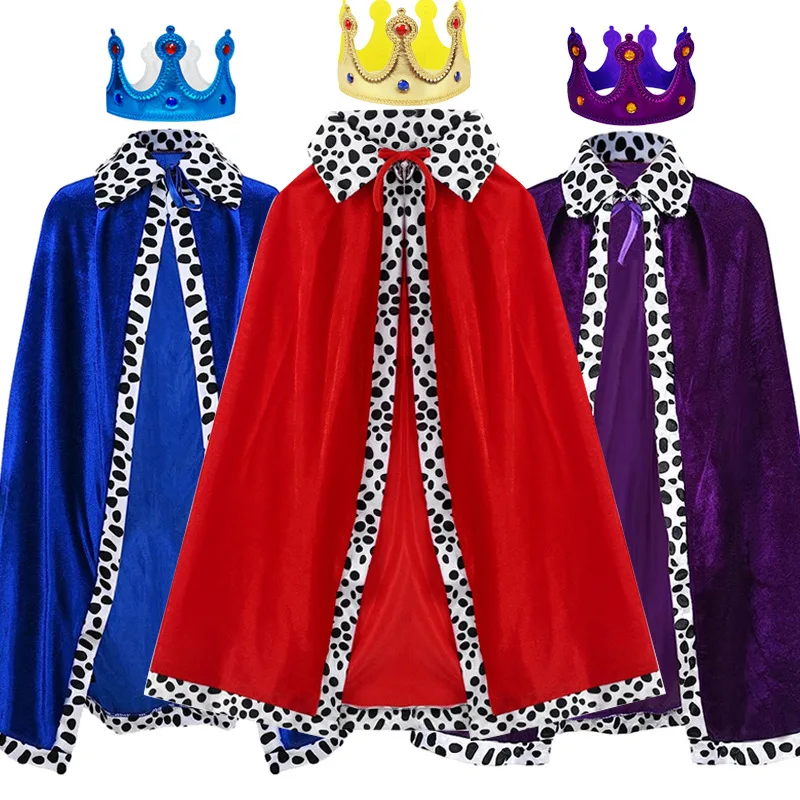 Boy Girls Men Women Adult King Costume Set Cape Queen Robe Red Cloak Crown Halloween Prince Cosplay Birthday Party Dress Up