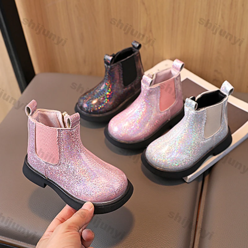 Children's Fashion Short Boots Boys Girls Non-Slip British Style Design Crystal Side Zipper Single Boots Anti-skid Ankle Booties