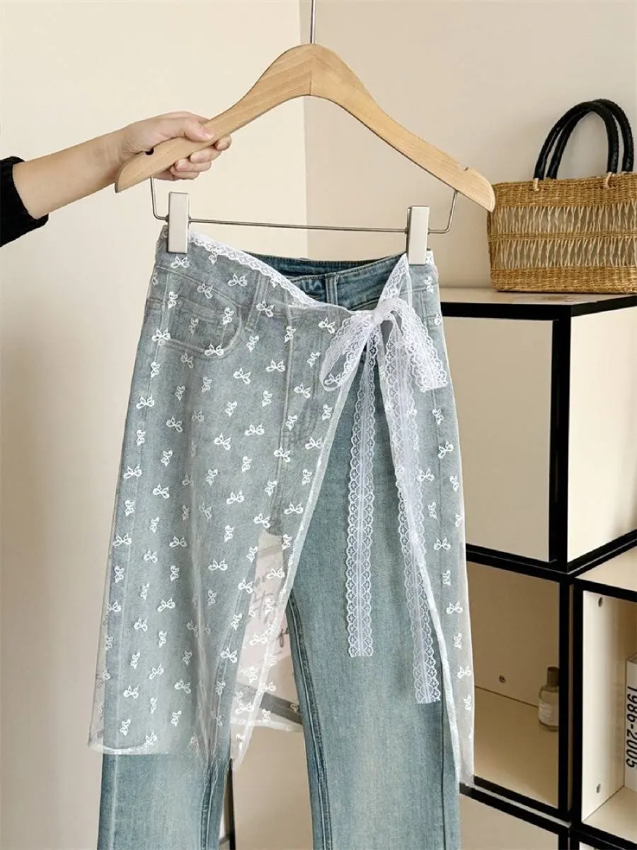 Women Embroidered Lace Layered Gauze Skirt Korean Style Unique Floral Skirt Lace Up Thin Lace Tie Girl Apron