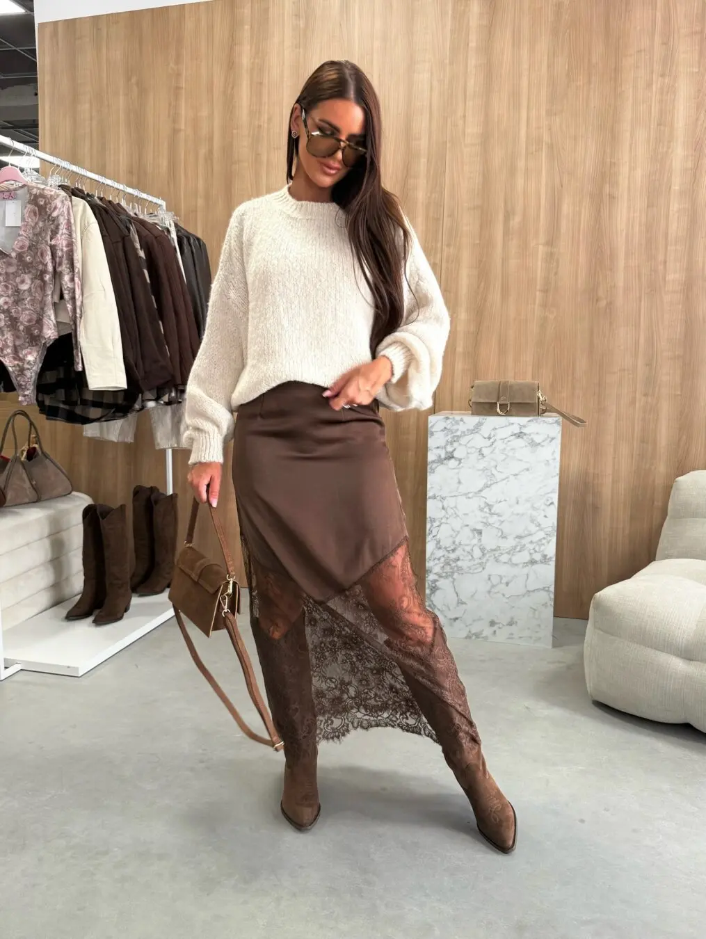 Lace Patchwork Skirts Women 2026 Summer New High Waist Slim Hollow Out Maxi Skirts Autumn Brown Fashion Party Club Long Skirts