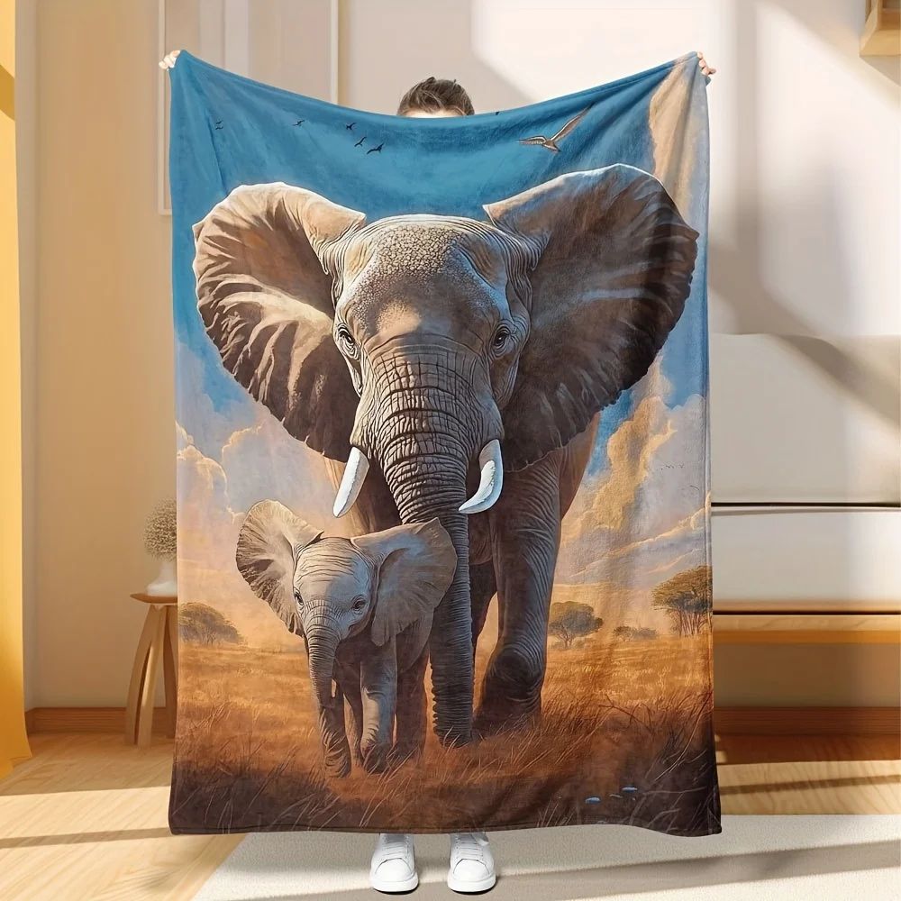 Decorative Elephant Family Blanket Throw Safari Wildlife Art Mural Cozy Home Decor Printed Giant Animal Artwork