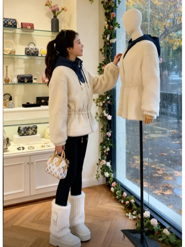 Lamb Fur Jacket Women's Waist-Cinching Thickened Warm Top Elegant Style Long Sleeve Zipper Closure Home Wear Spring Autumn Wi...
