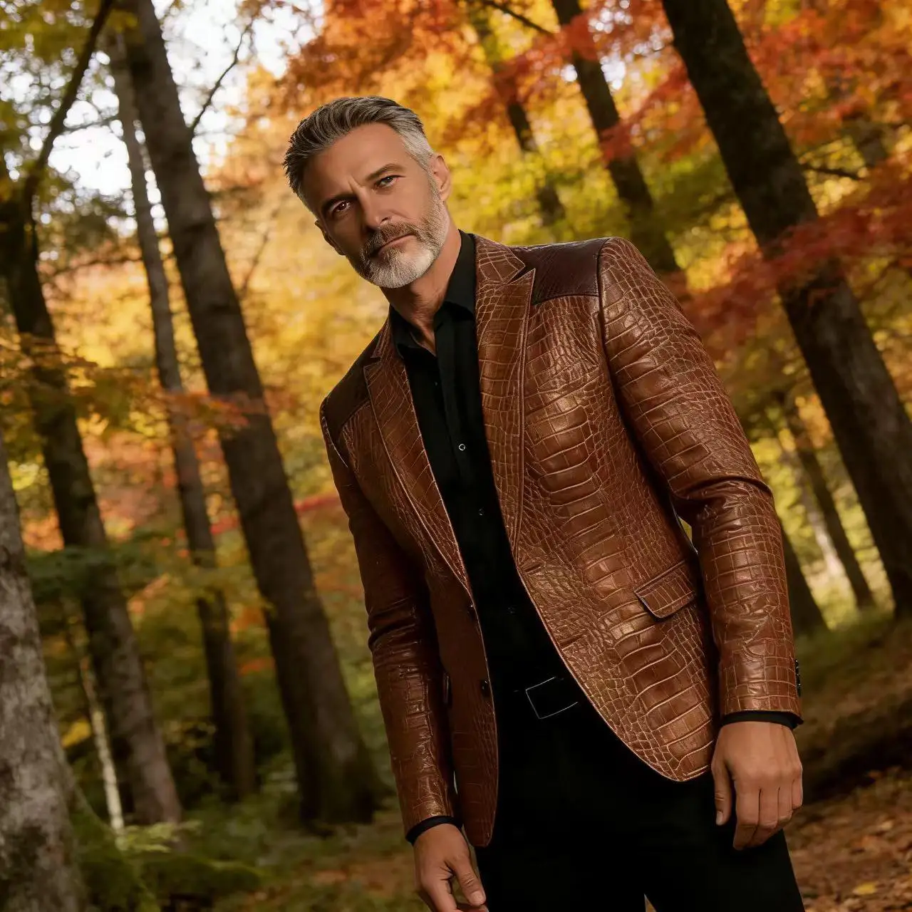 

Мужской пиджак из кожи с тиснением под крокодила, с нашивкой на плече, с вырезами на лацканах, на двух пуговицах, спортивный пиджак, деловой повседневный стиль, с накладными карманами