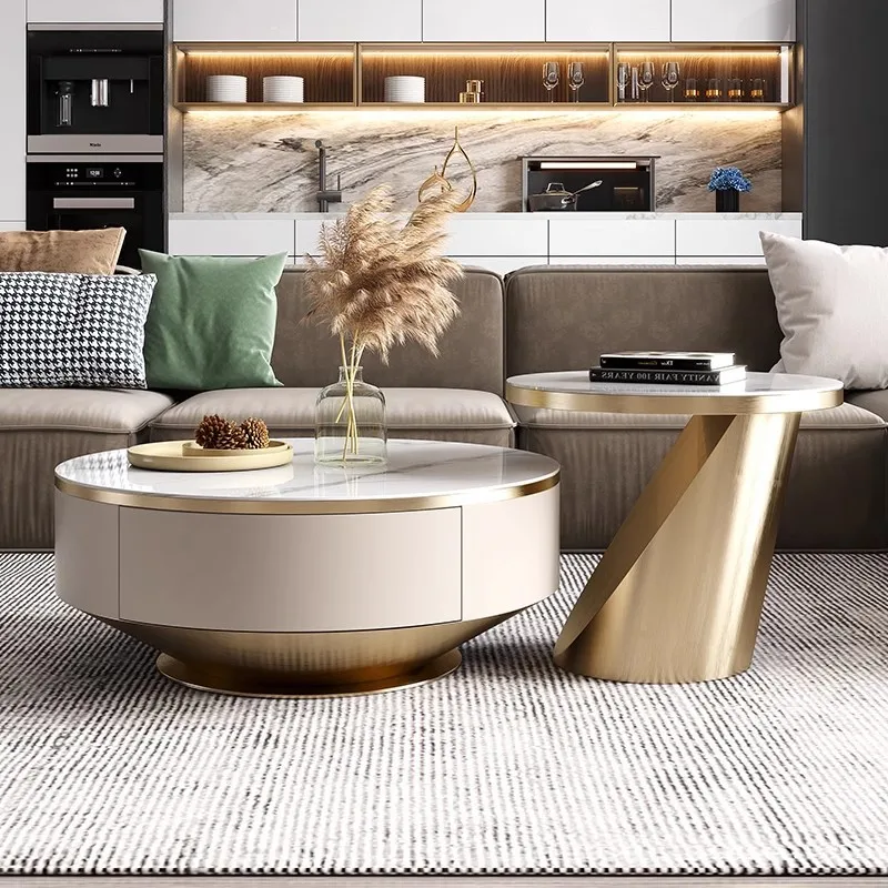 

Light luxury rock slab coffee table round size combination with drawer creative modern simple living room home coffee table TV