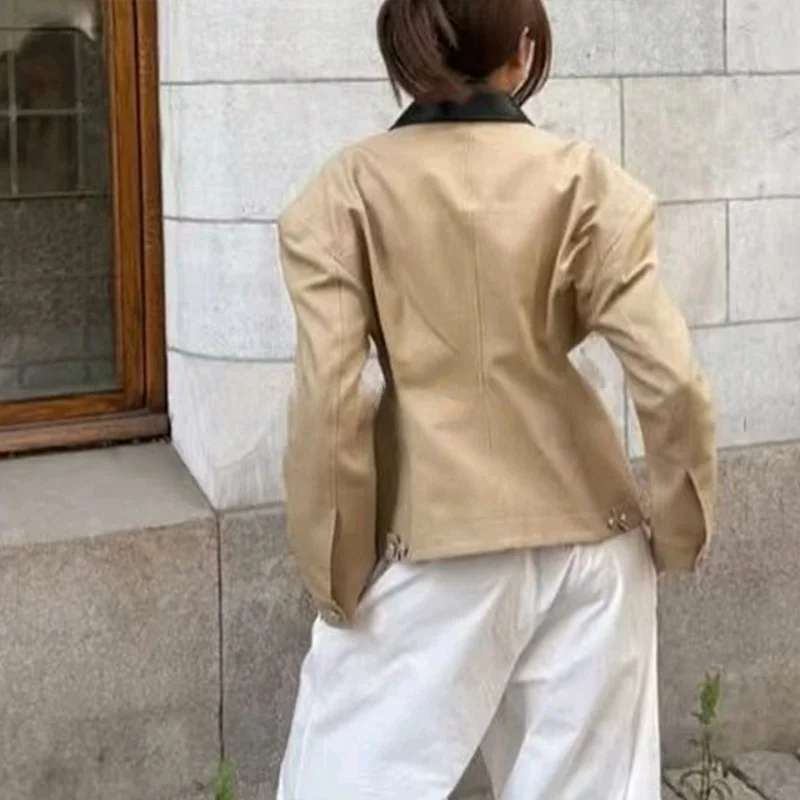خريف جديد المرأة فضفاضة طويلة Sve طوق بولي Leather الجلود ort Jaet Briti Sle سستة عادية Faion مزيج القطن الدافئ