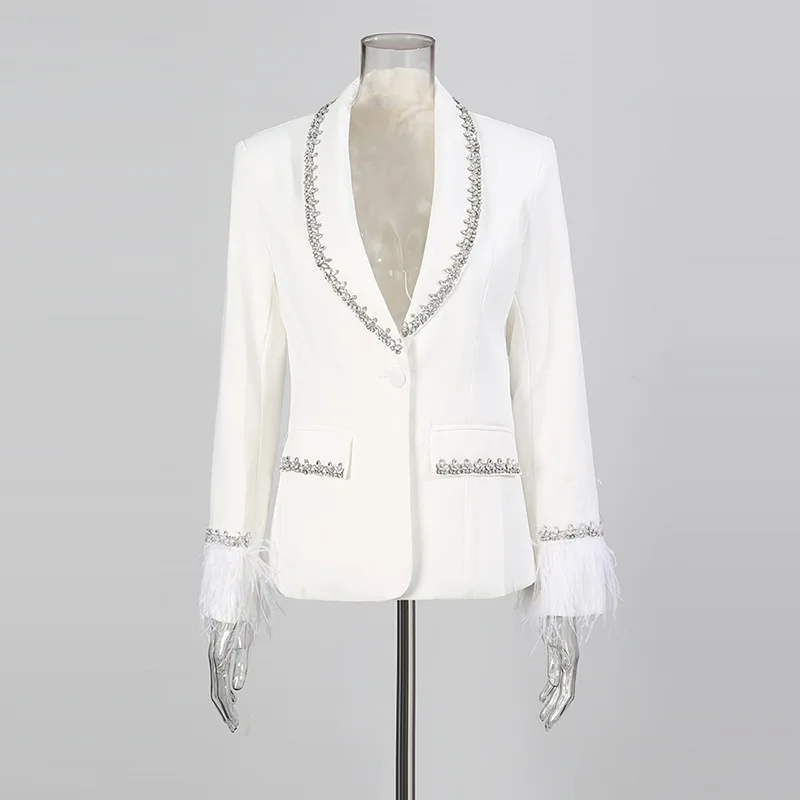 Diamond-studded Lapel Blazer Jackets Black Single Button Suit Coats Slim Feather Decoration Cuff Luxury Elegant Ladies Overcoats