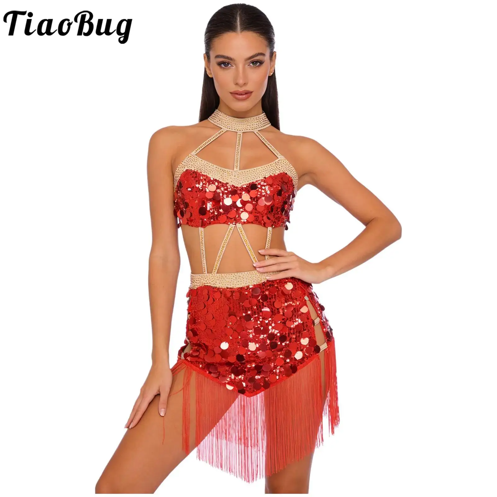 

Women Latin Tango Cha-cha Salsa Fringed Dress Glittery Sequins Halter Tassel Hem Backless Bodysuits Samba Performance Costume