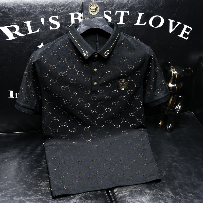 Rhinestone Polo Shirt Men's Summer New Trendy Handsome Slim-Fit Short-Sleeved T-shirt Men's Half Sleeve