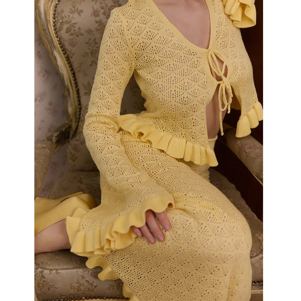Women's Autumn 2 Piece Outfits Sets Elegant Solid Knitted Ruffles Long Sleeve Tie Front Tops with Long Ruffled Bodycon Skirts