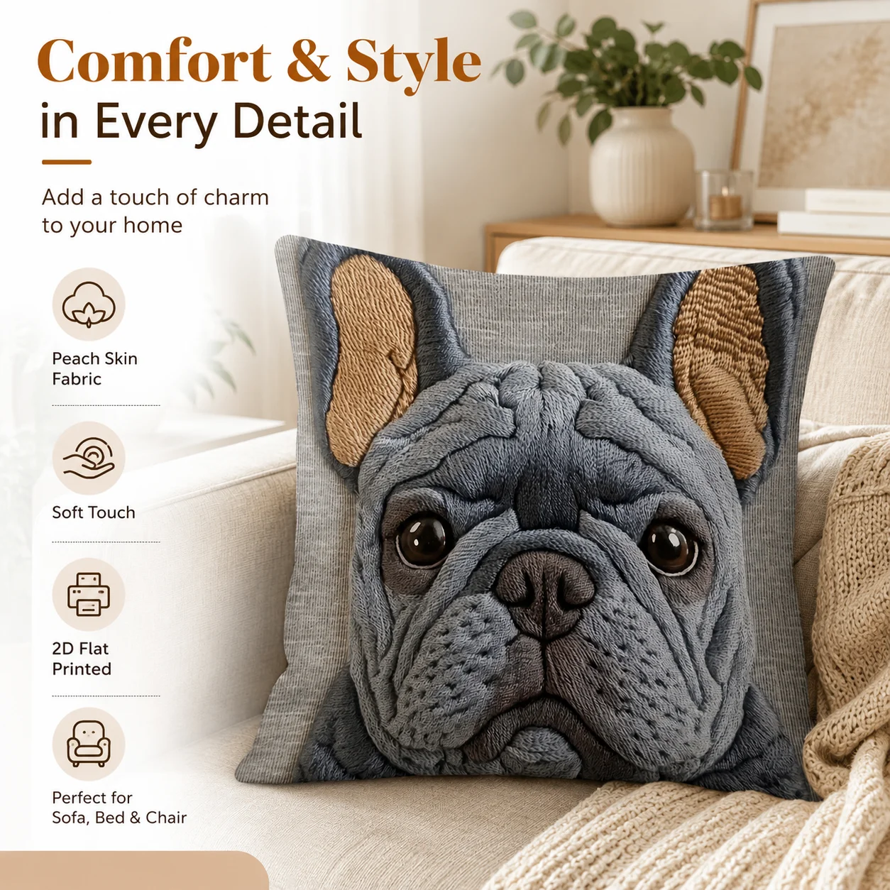 フレンチブルドッグ枕カバー 2D フラットプリントピーチスキ - Home Textiles France のレビューと価格