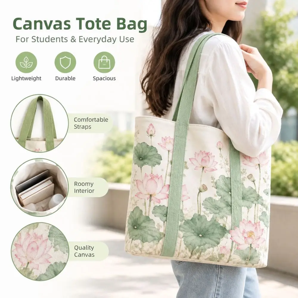 Gifts Lotus Print Canvas Bag Large Capacity Lightweight Tote Bag Reusable Versatile Lunch Bag Women's Accessories