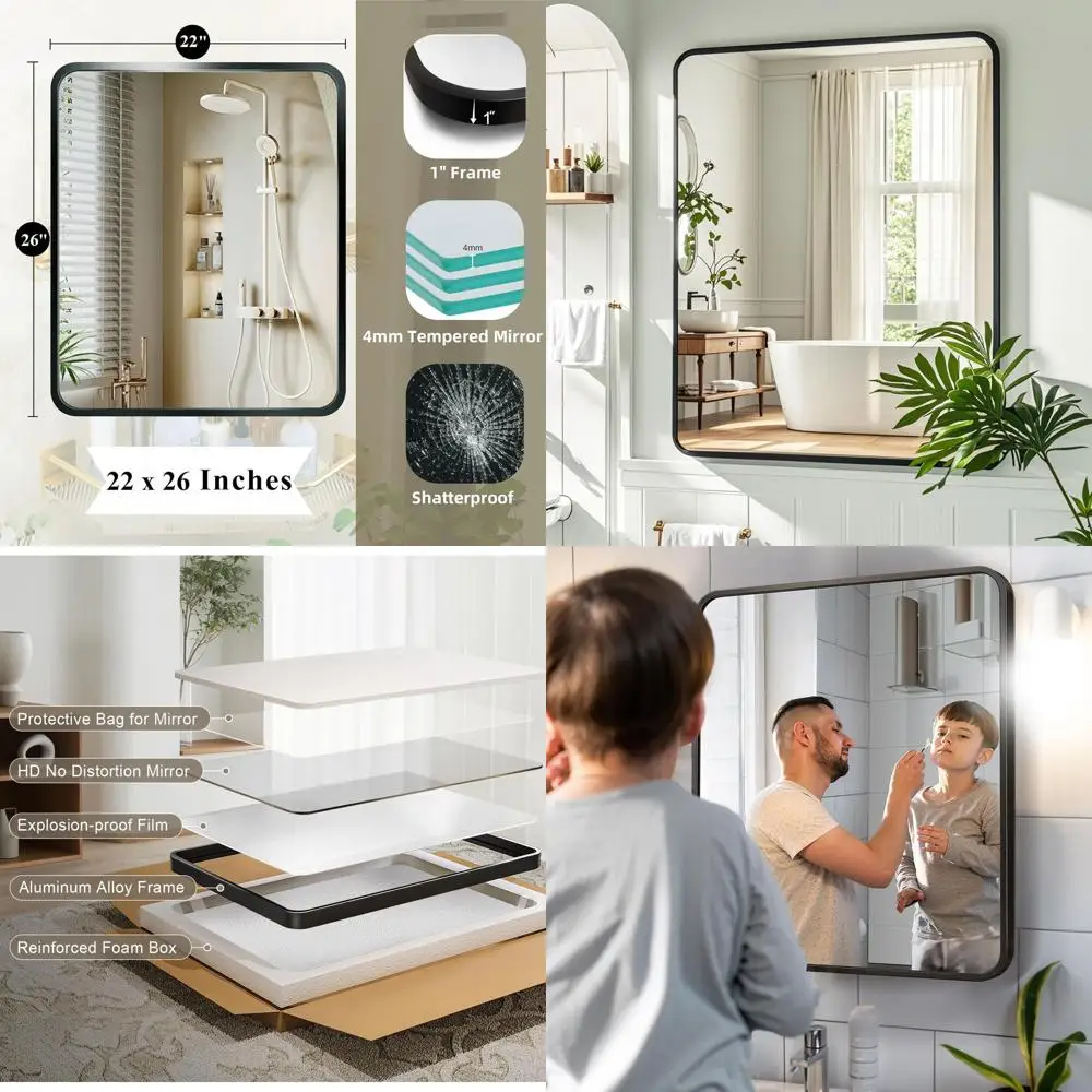 

Rectangular Black Bathroom Mirror, 22x26 Inch, Modern Frame, Shatterproof Tempered Glass for Vanity Over Sink