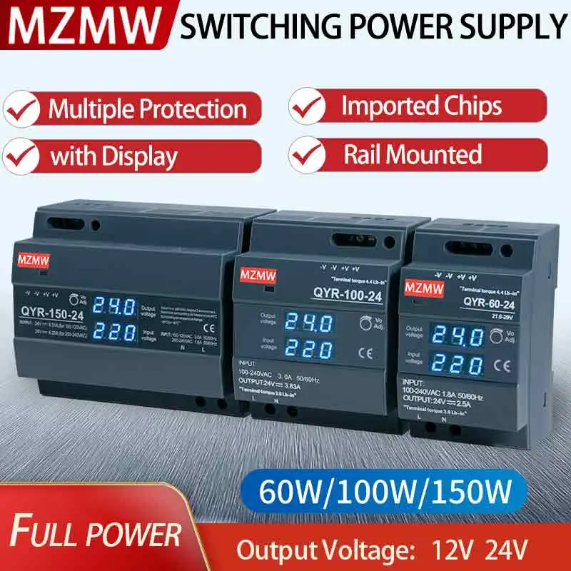 Mzmw-fonte de Alimentação Comutada Qyr60w 100w 120w Trilho Din Ac-dc 12v 24v Display Digital Industrial para Faixa de Luz Led